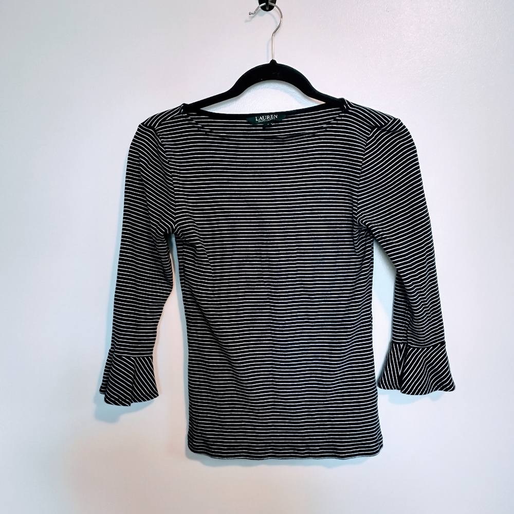 Lauren Ralph Lauren striped 3/4 sleeve top with ruffle sleeve size small